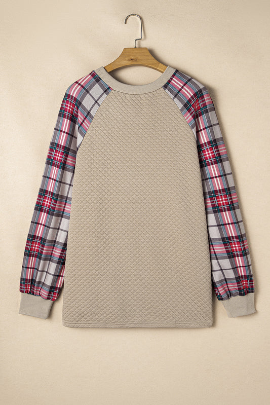 Apricot Plus Size Plaid Raglan Sleeve Crew Neck Sweatshirt