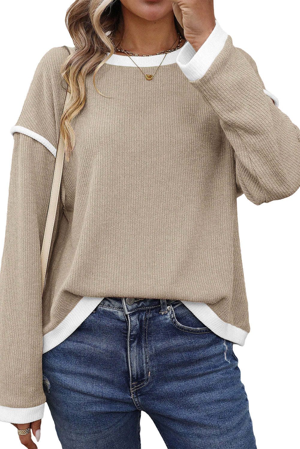 Contrast Color Trim Knit Drop Shoulder Loose Top
