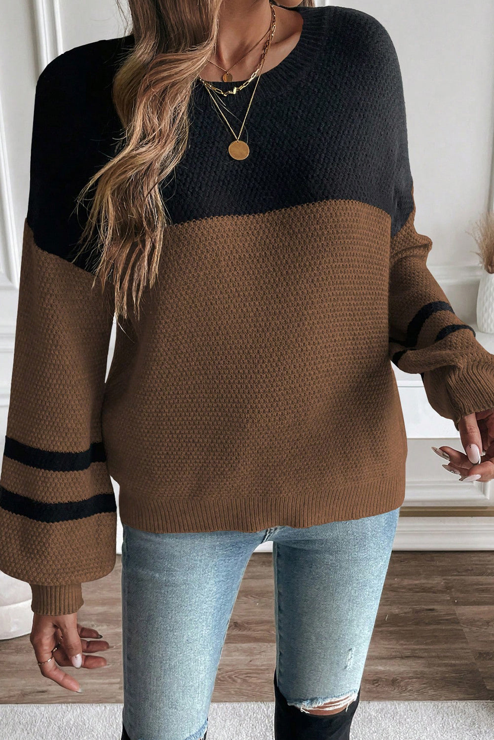 Parchment Colorblock Striped Sleeve Detail Knit Sweater