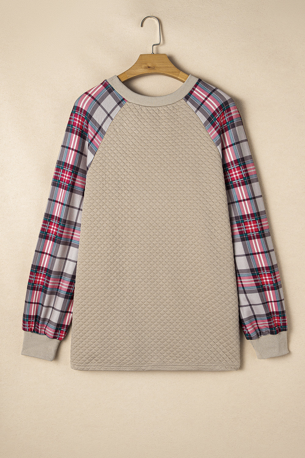 Apricot Plus Size Plaid Raglan Sleeve Crew Neck Sweatshirt