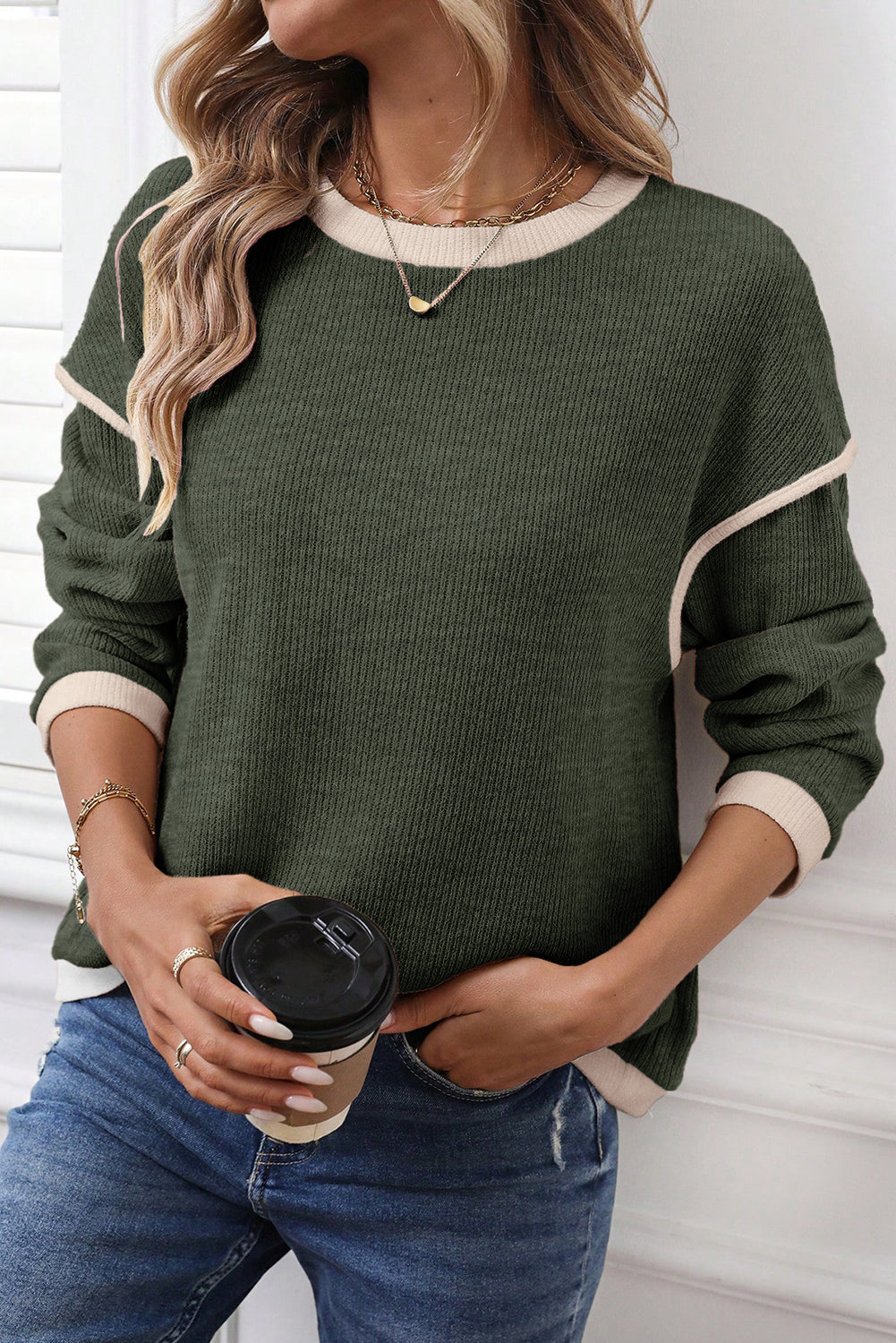 Contrast Color Trim Knit Drop Shoulder Loose Top