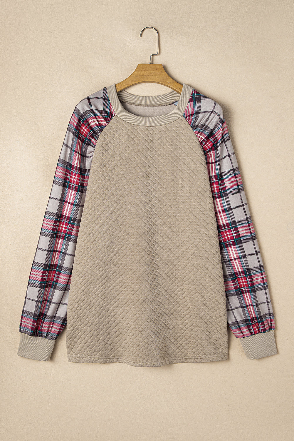 Apricot Plus Size Plaid Raglan Sleeve Crew Neck Sweatshirt