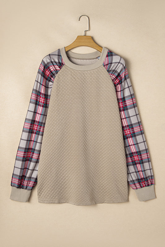 Apricot Plus Size Plaid Raglan Sleeve Crew Neck Sweatshirt