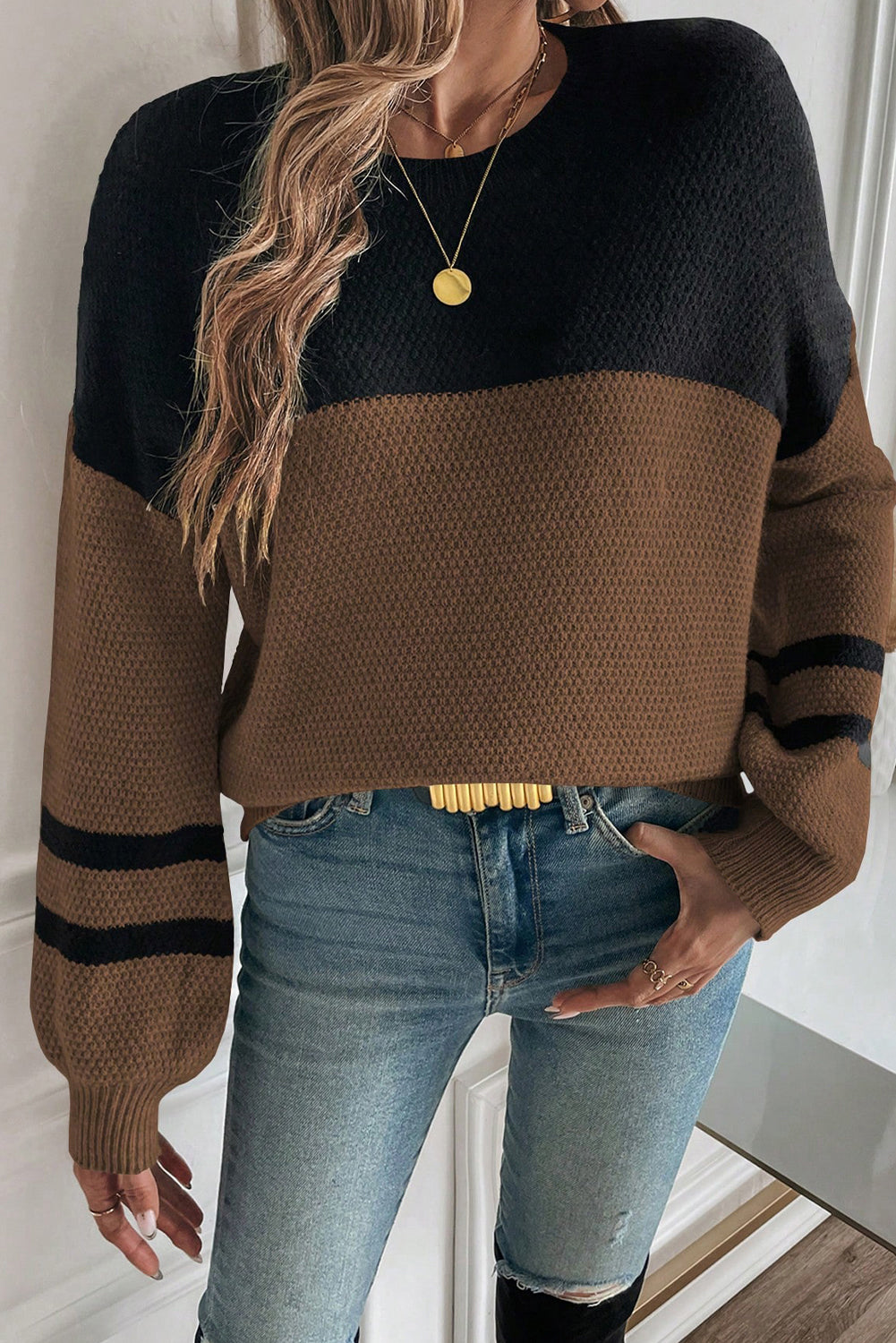 Parchment Colorblock Striped Sleeve Detail Knit Sweater