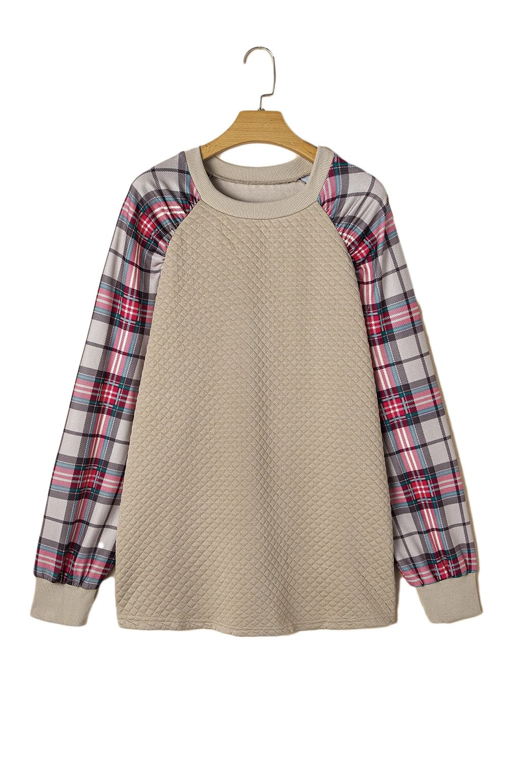 Apricot Plus Size Plaid Raglan Sleeve Crew Neck Sweatshirt