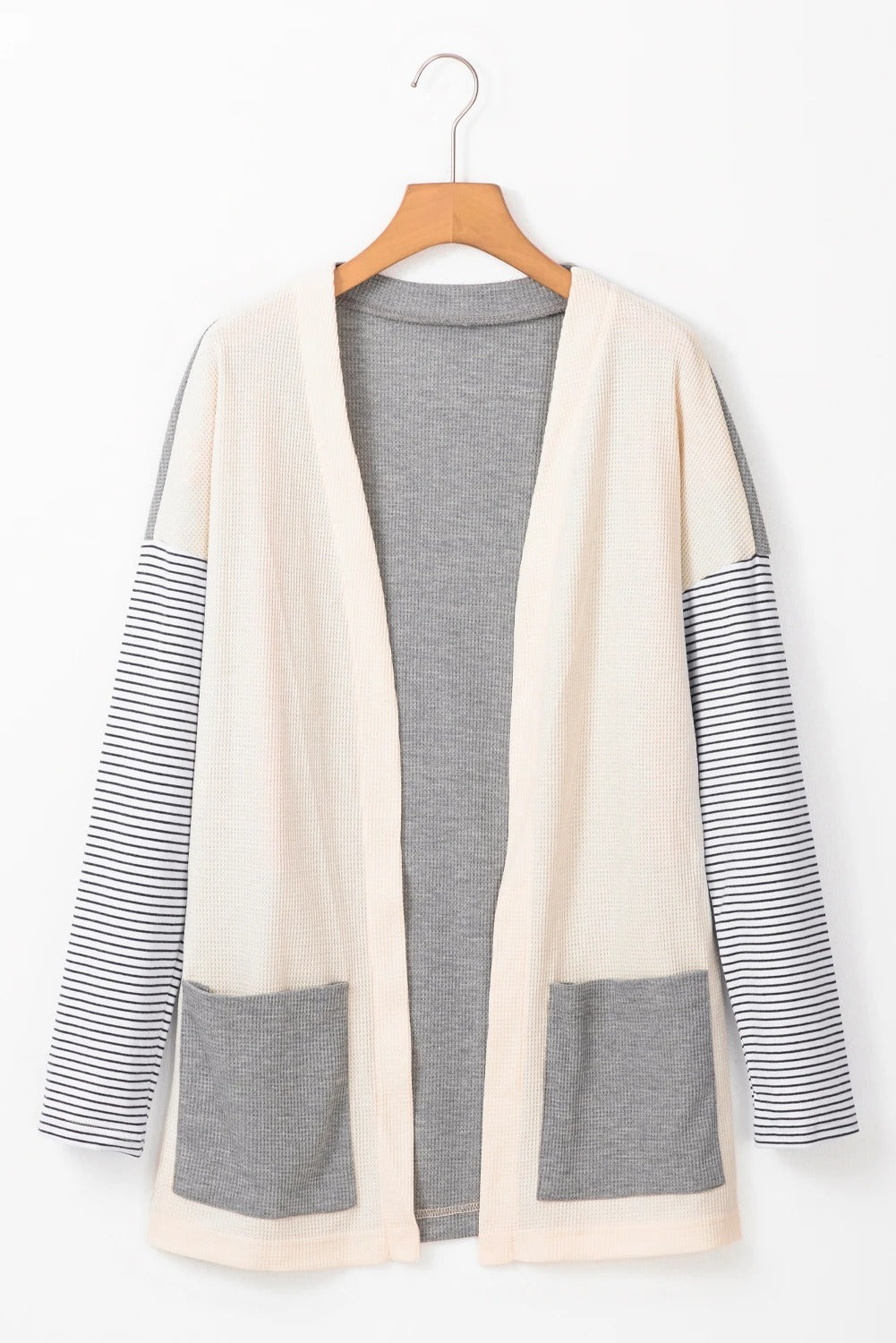 Black Striped Patchwork Pocket Open Front Cardigan